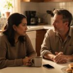 A woman speaks quietly as a male friend listens across a breakfast table in a modest, sunlit kitchen.