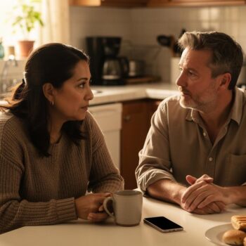 A woman speaks quietly as a male friend listens across a breakfast table in a modest, sunlit kitchen.
