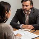 Client discusses concerns about undisclosed divorce assets as an attorney listens across a wood table with financial records.