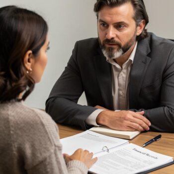 Hidden-Assets-Trusted-Guidance Client discusses concerns about undisclosed divorce assets as an attorney listens across a wood table with financial records.