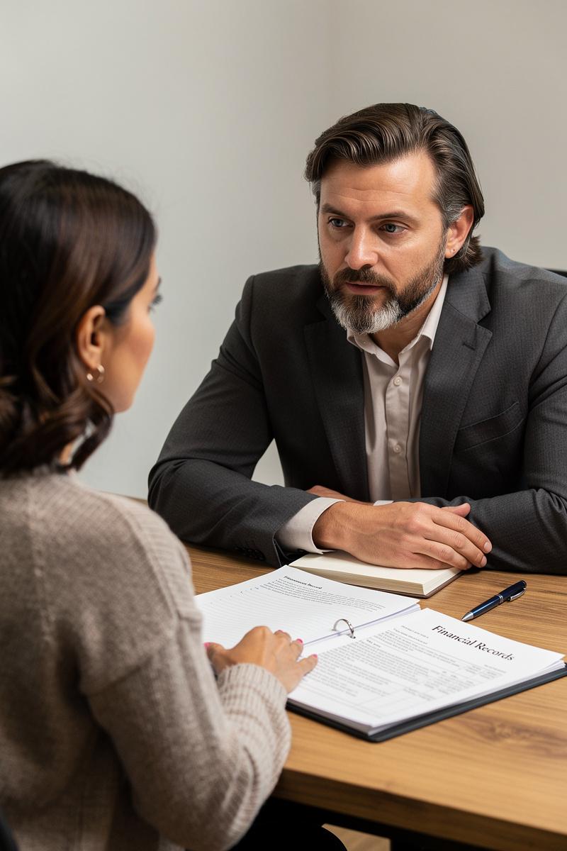 Hidden-Assets-Trusted-Guidance Client discusses concerns about undisclosed divorce assets as an attorney listens across a wood table with financial records.