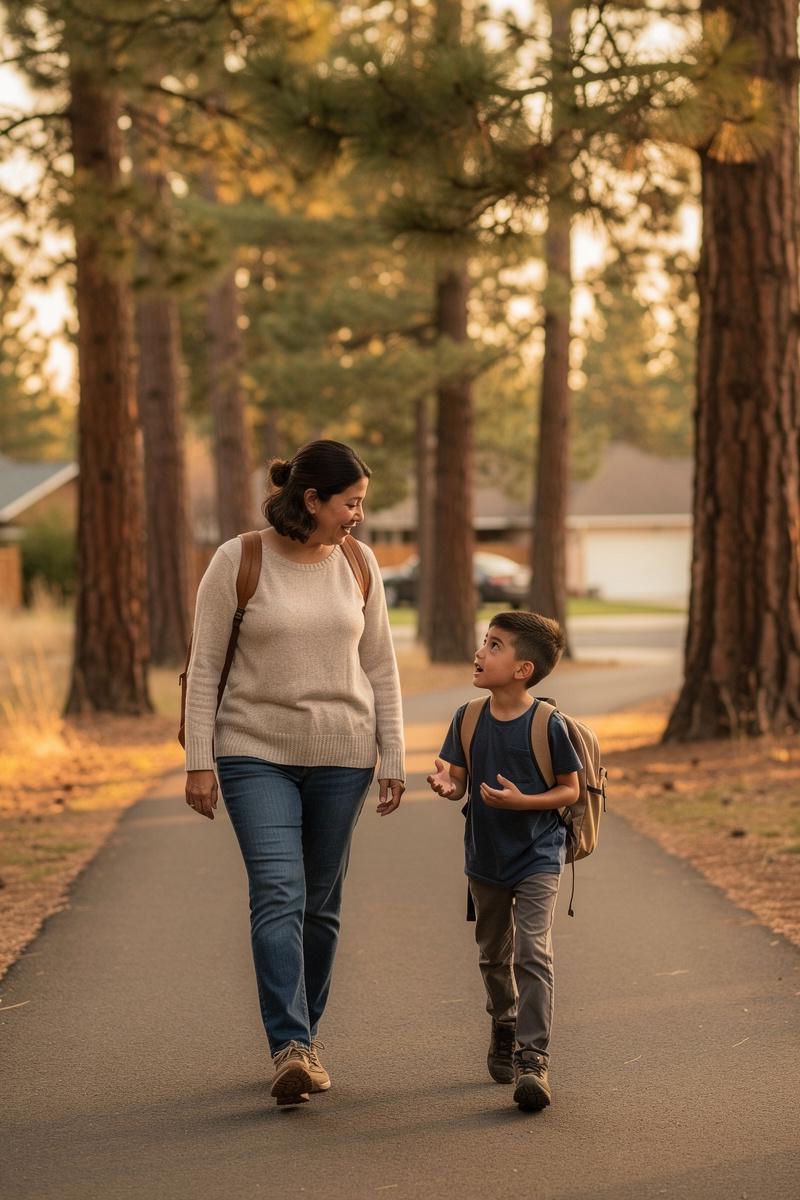 Little-Stories-on-the-Walk-Home A parent listens as her backpack-wearing child talks and gestures on a pine-lined path in soft afternoon light.