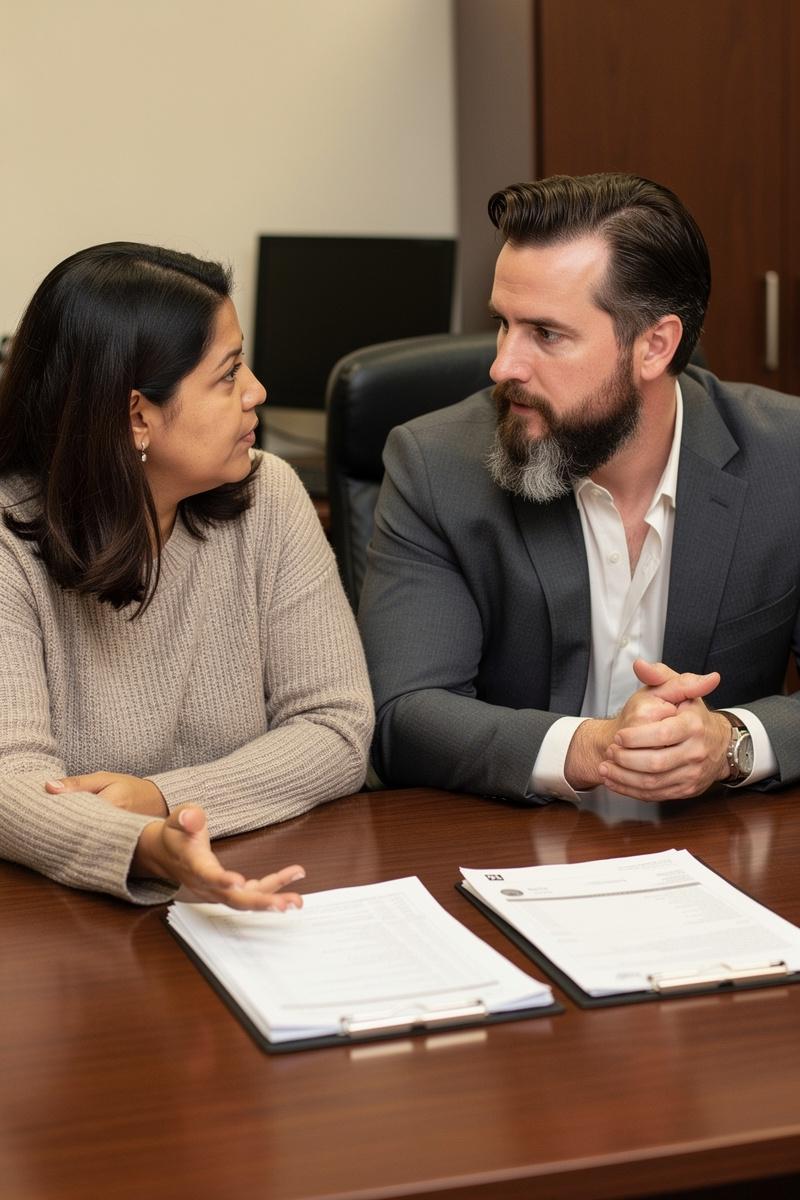 Self-employed parent gestures to business records while an attentive attorney asks a question across a meeting table.