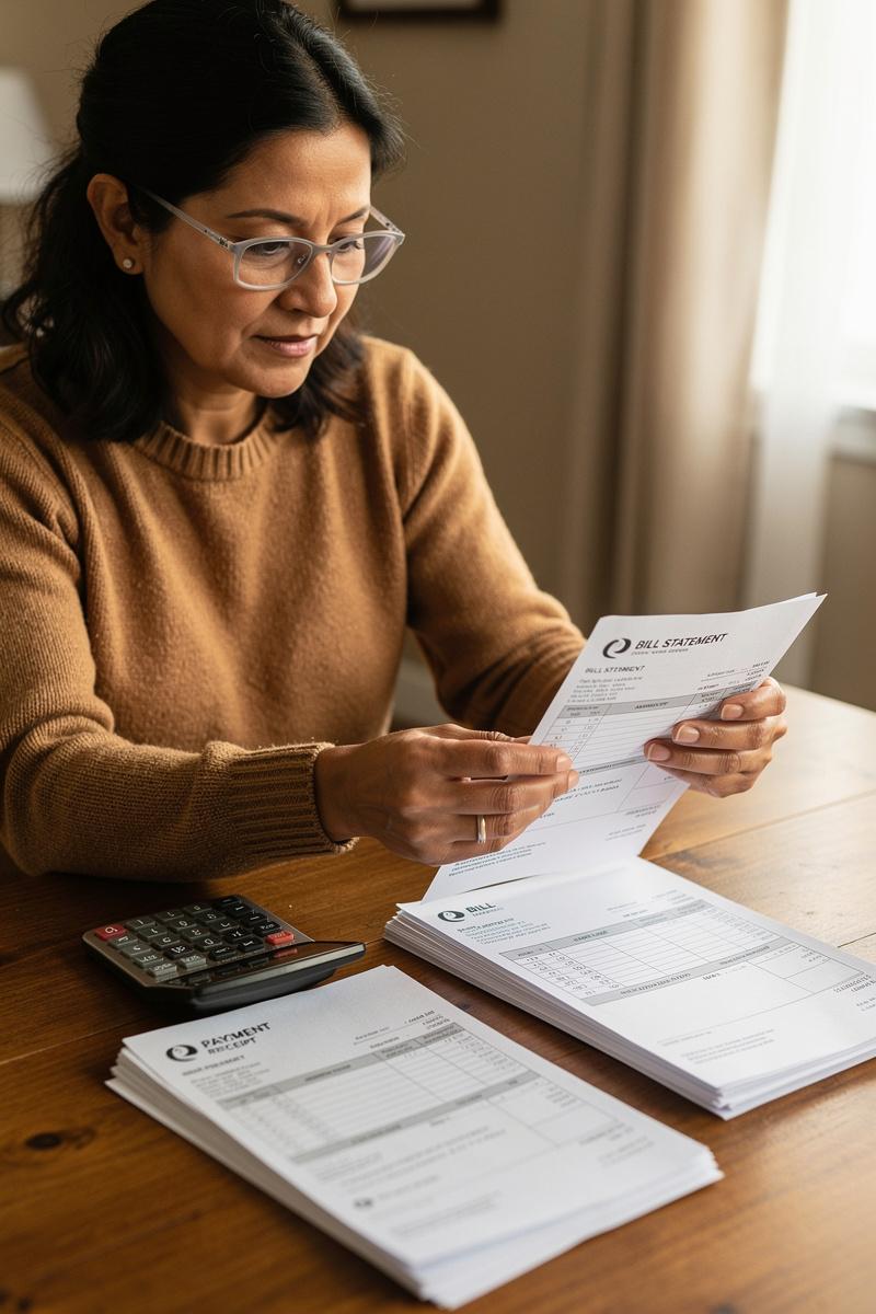 Making-Sense-of-the-Bills Woman compares a bill and payment record at a dining table, with sorted financial papers and a calculator nearby.