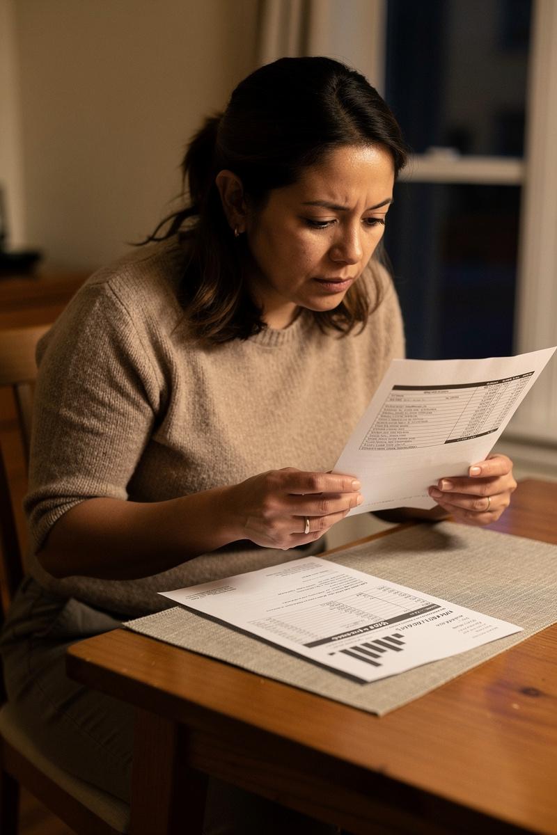A focused parent compares two financial documents at a modest dining table in warm evening light.