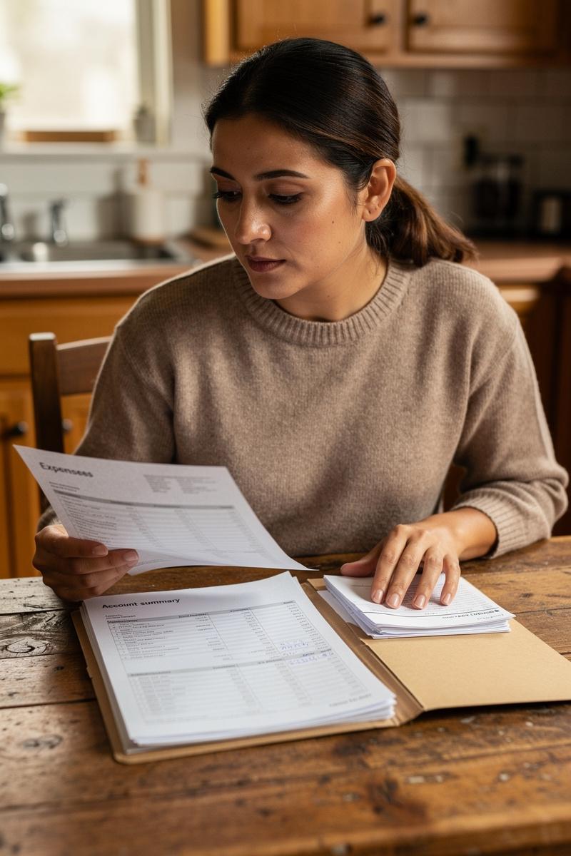 Making-Sense-of-the-Numbers Woman at a kitchen table holds a financial document, glancing at an open folder with a thoughtful, concerned expression.