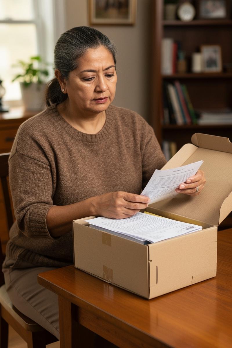Woman in her 50s holds household papers and looks thoughtfully into an open file box at her dining table.