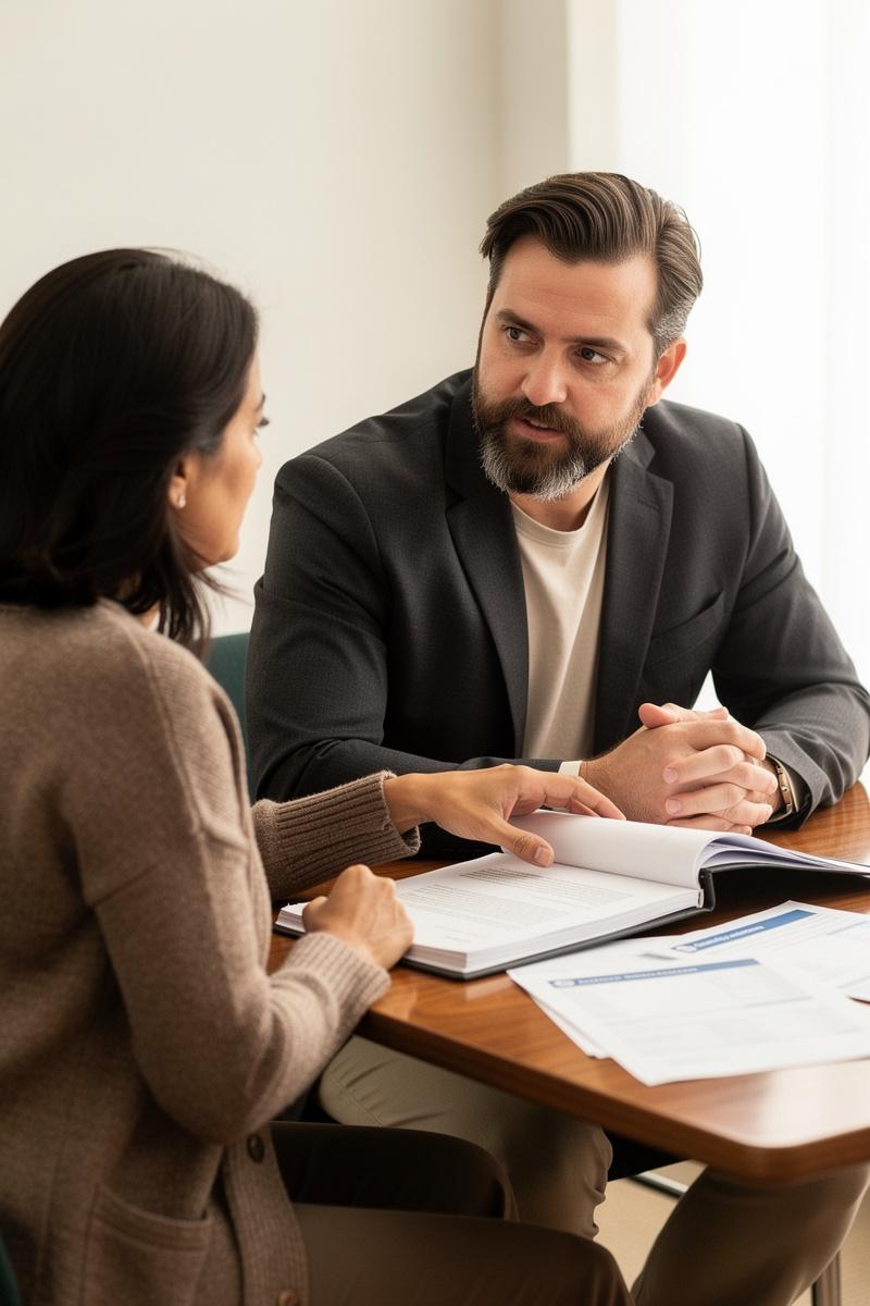 Client gestures toward an open folder of financial papers as an attorney listens at a wood table in a sunlit office.