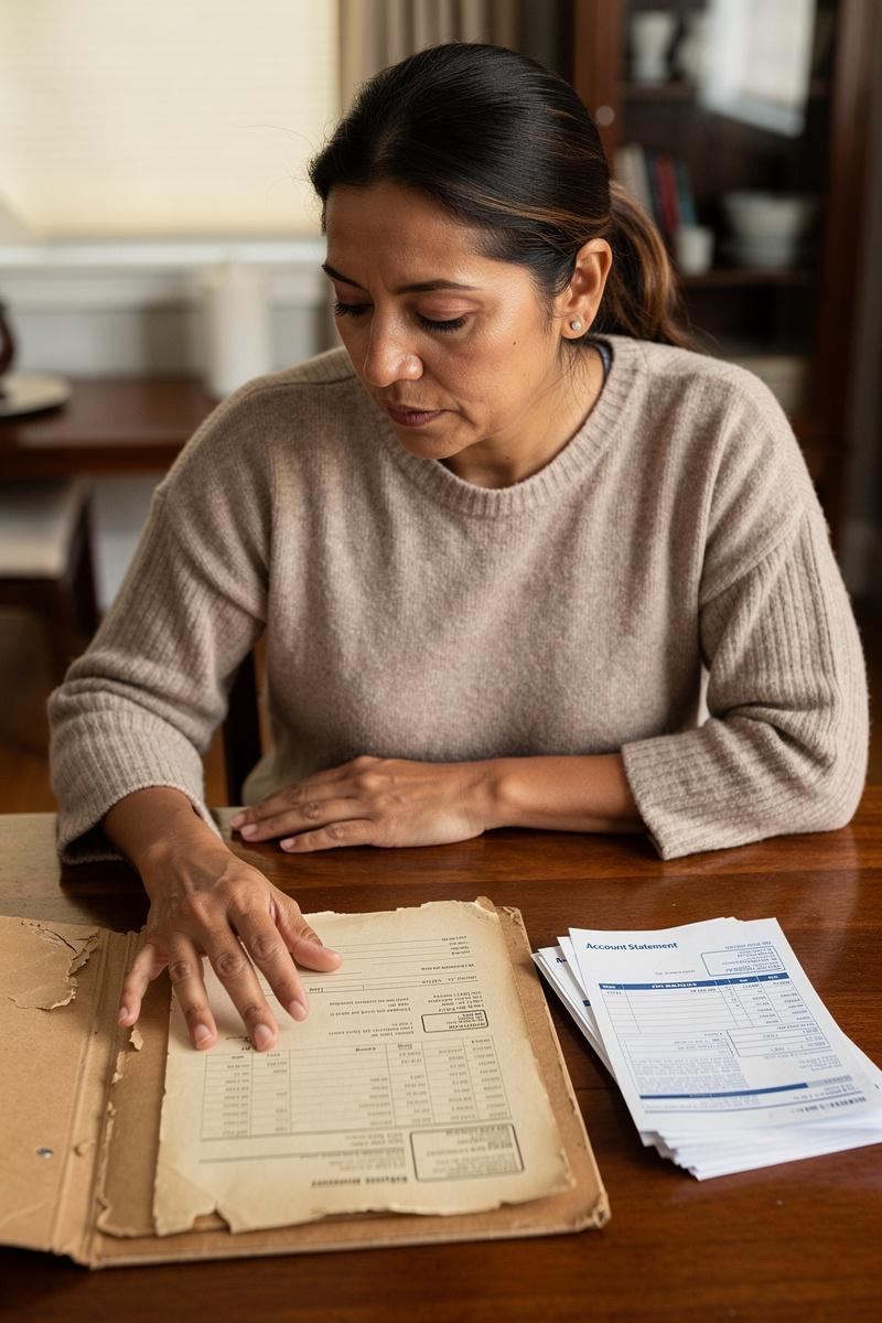Old-Records-New-Questions Woman at a dining table pauses to compare an older document from a worn folder with recent account papers.