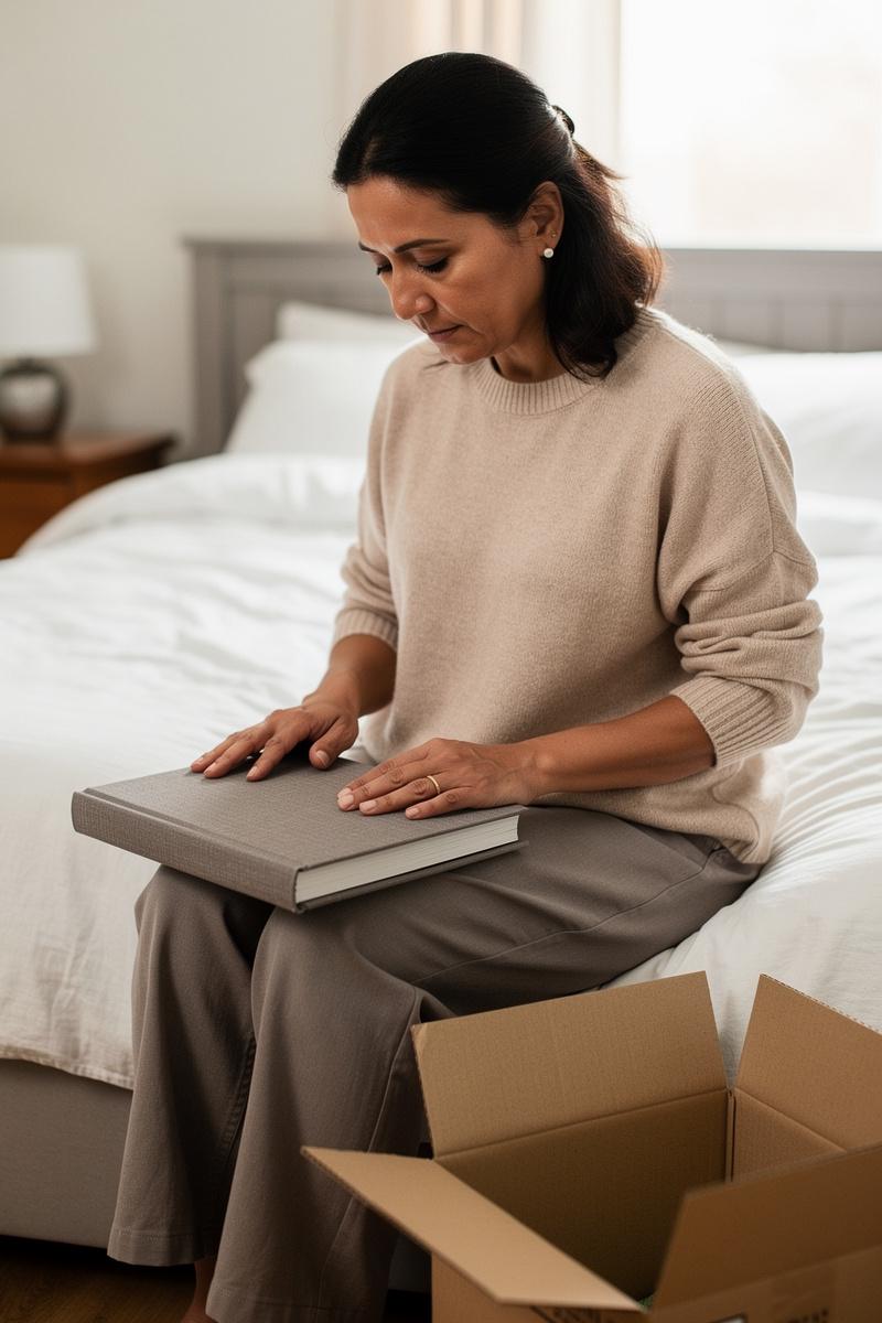 Packing-Up-a-Shared-Life A woman sits on a bed’s edge in a partly packed bedroom, looking down at a closed photo album resting in her lap.