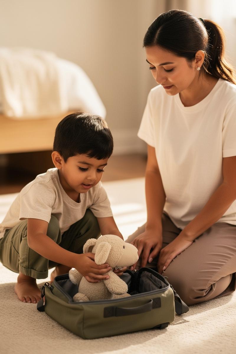 Packing-a-Little-Comfort A preschooler lowers a worn stuffed animal into an overnight bag as a parent kneels beside him, watching patiently.