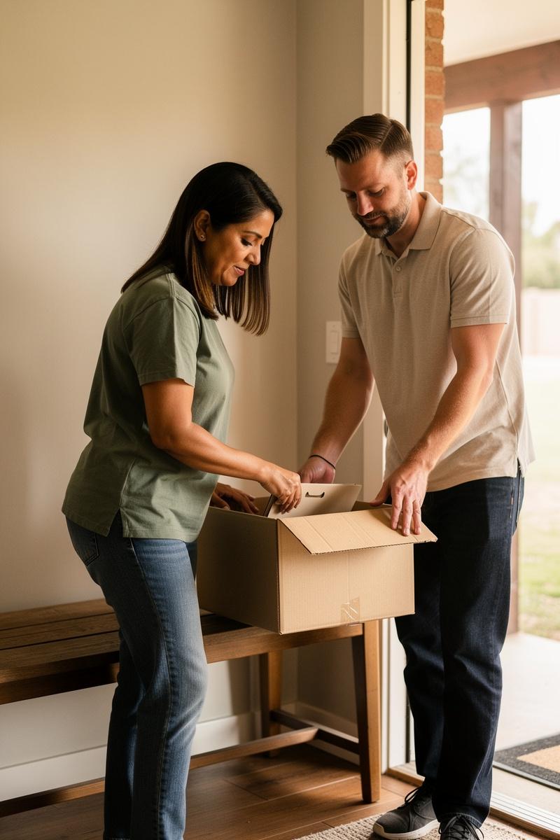 Packing-a-New-Chapter-Together A woman lowers a document folder into a moving box on an entryway bench while a friend steadies the box.