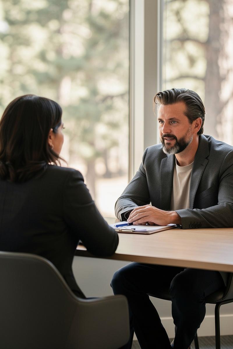 A parent discusses a parenting concern with an attentive attorney across a table in a sunlit consultation room.