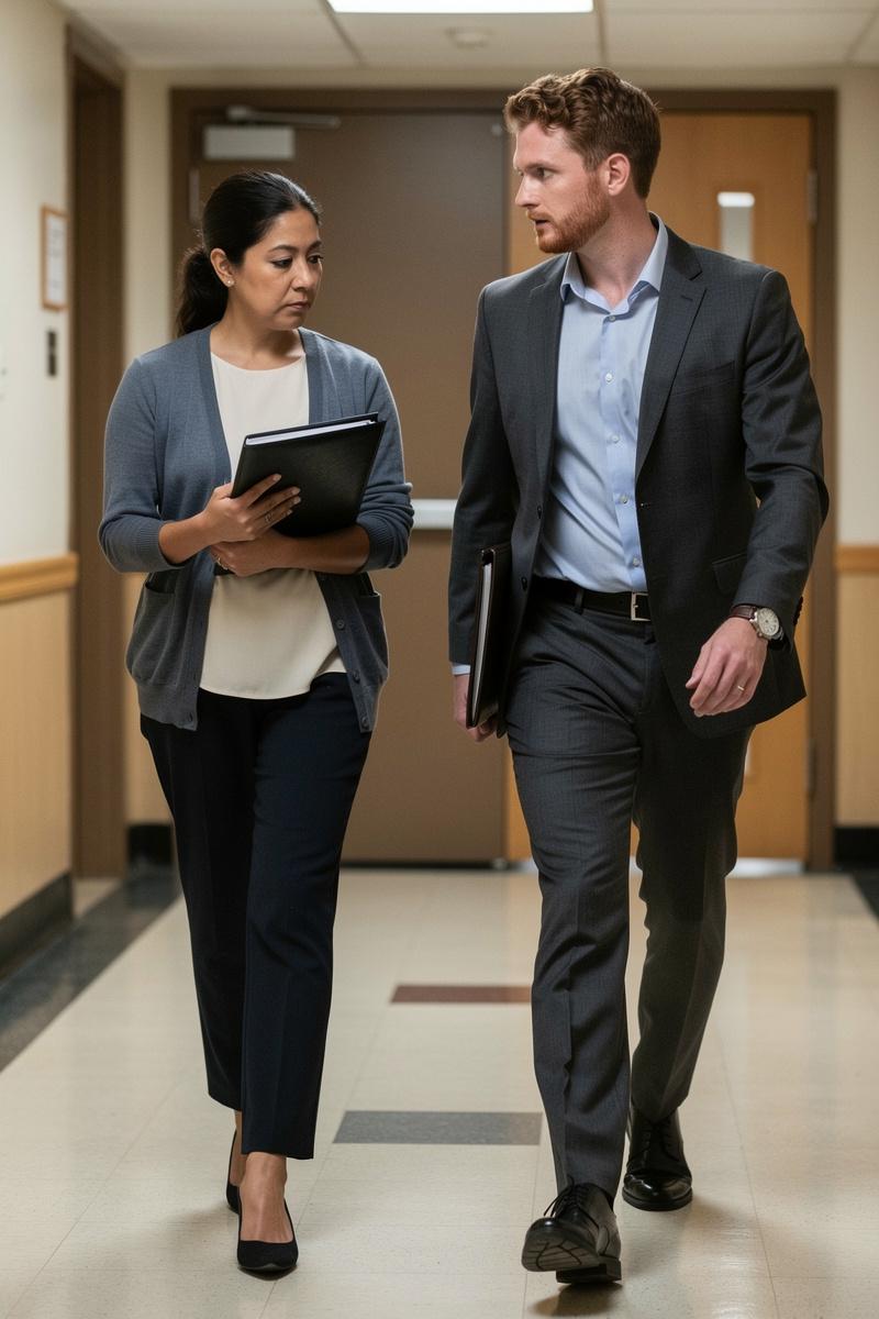 A parent closes a document folder while walking beside an attentive attorney toward a courthouse hearing room.