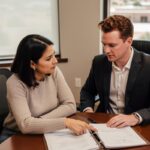 Client points to a document in an open folder as an attorney listens across a wood table during divorce hearing preparation.