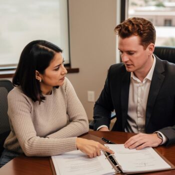 Client points to a document in an open folder as an attorney listens across a wood table during divorce hearing preparation.