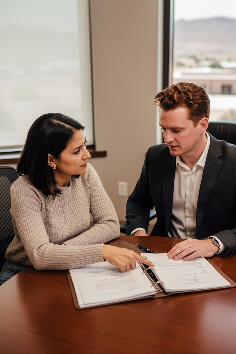 Preparing-for-Divorce-Court-With-Confidence Client points to a document in an open folder as an attorney listens across a wood table during divorce hearing preparation.