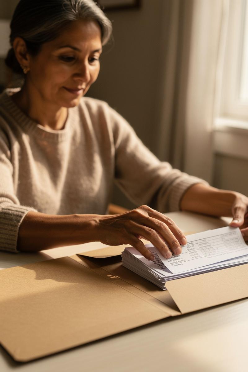 Preparing-for-a-New-Chapter A woman slides copies of personal records into an open folder at her home desk in warm morning light.