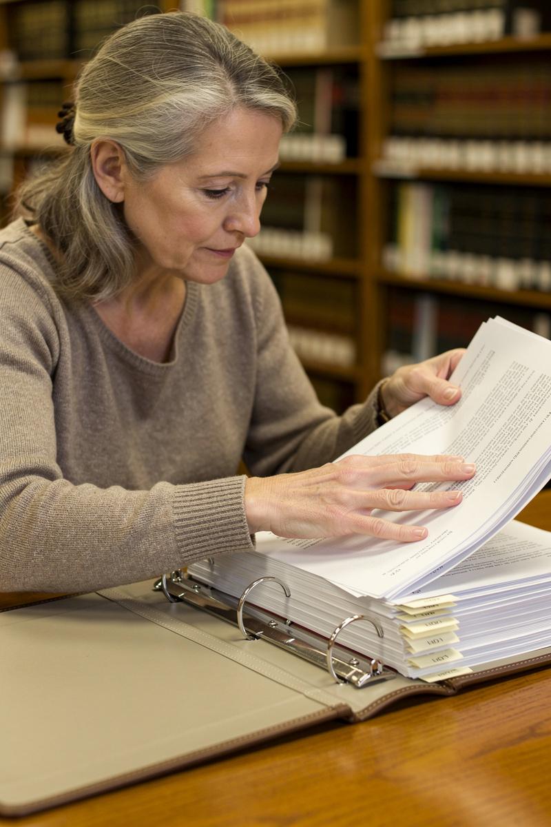 Preparing-the-Next-Chapter A woman in her late 50s carefully arranges supporting papers in an open binder at a public law library table.