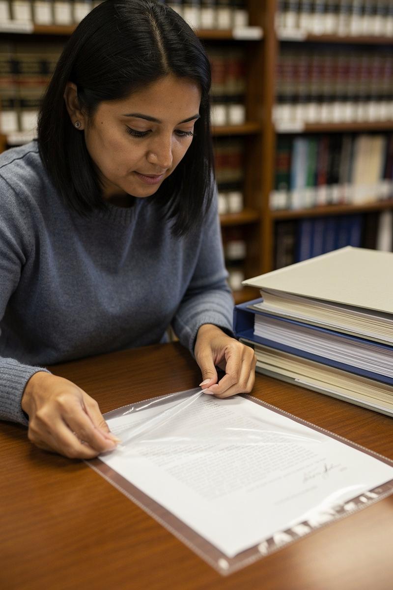 Preserving-Evidence-with-Care Woman carefully slides a paper record into a clear protective sleeve at a law-library desk, with organized copies nearby.