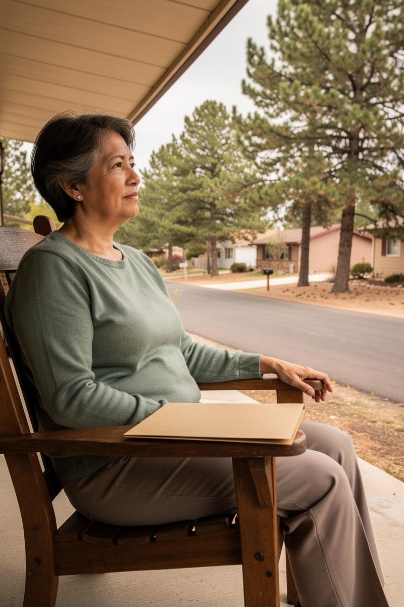 Quiet-Reflections-Beneath-Arizona-Pines Older woman sits on a porch beside a closed folder, hands on her thighs, gazing toward a pine-lined street.