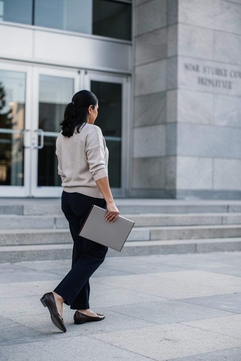 Quiet-Resolve-at-the-Courthouse Rear three-quarter view of a woman carrying a closed folder toward a stone courthouse’s glass doors in morning light.