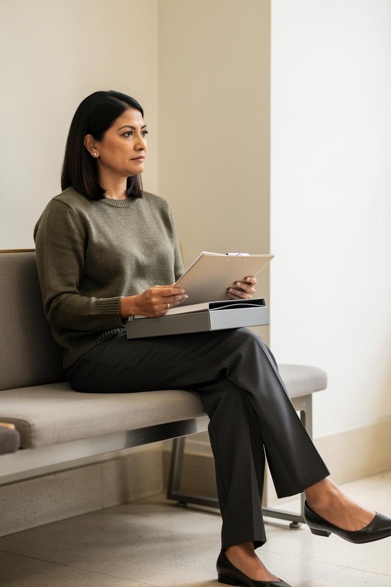 Quietly-Ready-for-Her-Hearing Woman sits upright in a courthouse alcove, holding a folder and notebook on her lap, looking toward the hearing area.