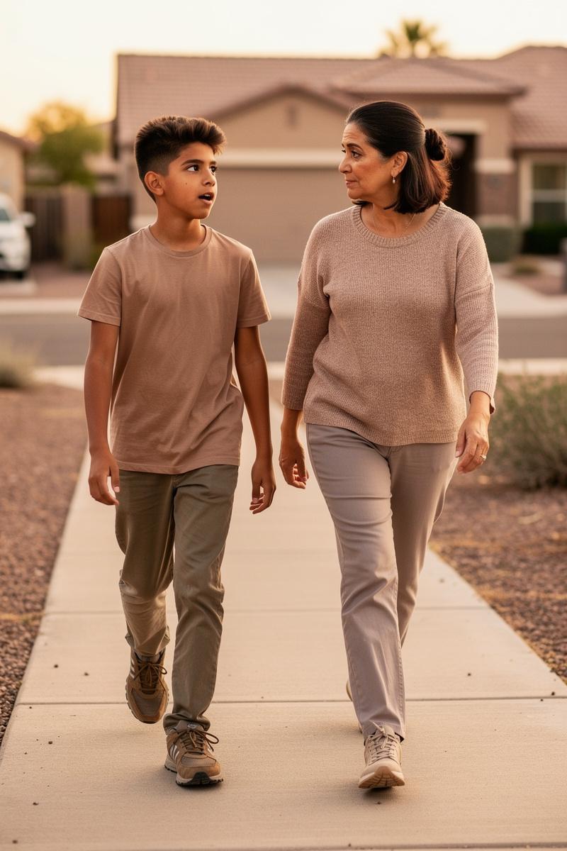 Side-by-Side-One-Thought-at-a-Time A teenage boy talks while his mother listens as they walk along a quiet Arizona neighborhood path in soft afternoon light.