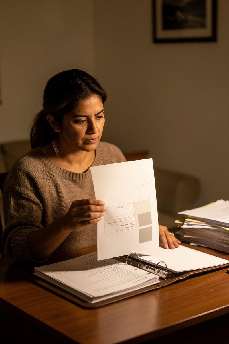 Sorting-Through-a-Marriages-End A thoughtful woman holds a sheet above an open binder while sorting divorce records at a warmly lit home desk.