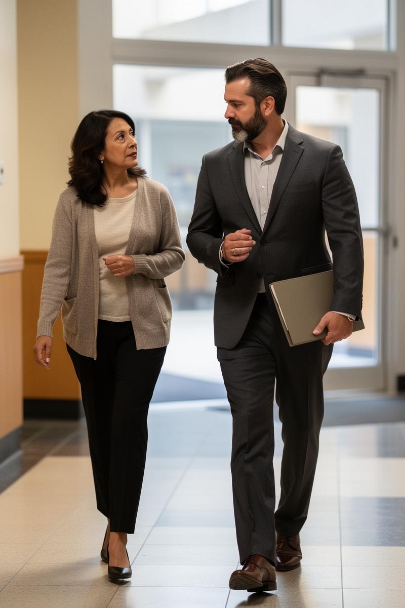 Steady-Counsel-Confident-Steps A composed woman walks through a courthouse corridor, listening to her attorney as he carries a closed case folder.