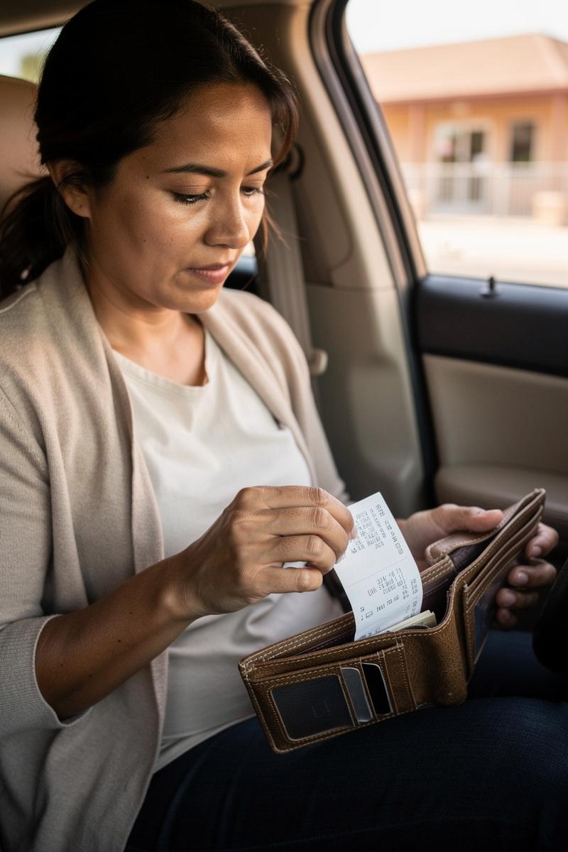 Concerned parent pauses with a receipt tucked into an open wallet in a parked car; an empty booster seat sits behind her.