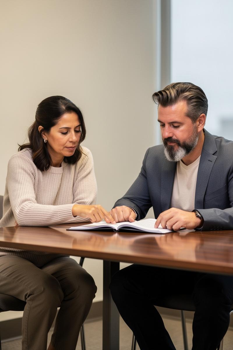 A client points to a page in an open folder while an attorney listens attentively beside her at a consultation table.