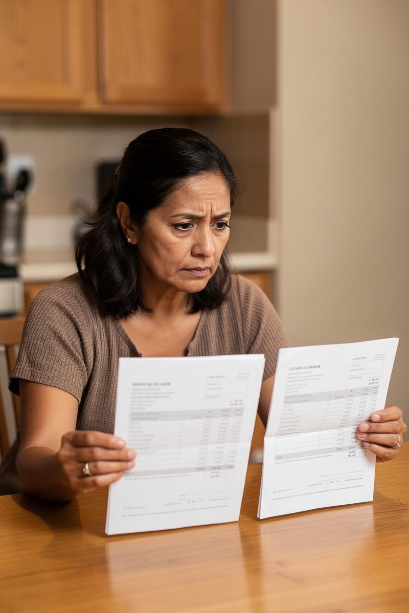 Two-Sheets-One-Financial-Question A concerned woman sits at a kitchen table, comparing two household financial sheets held side by side.