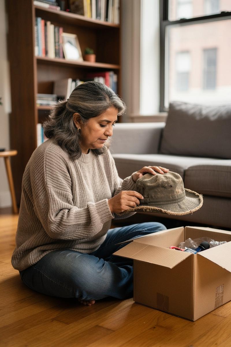 A woman sits on her apartment floor beside an open moving box, thoughtfully holding a worn hiking hat.