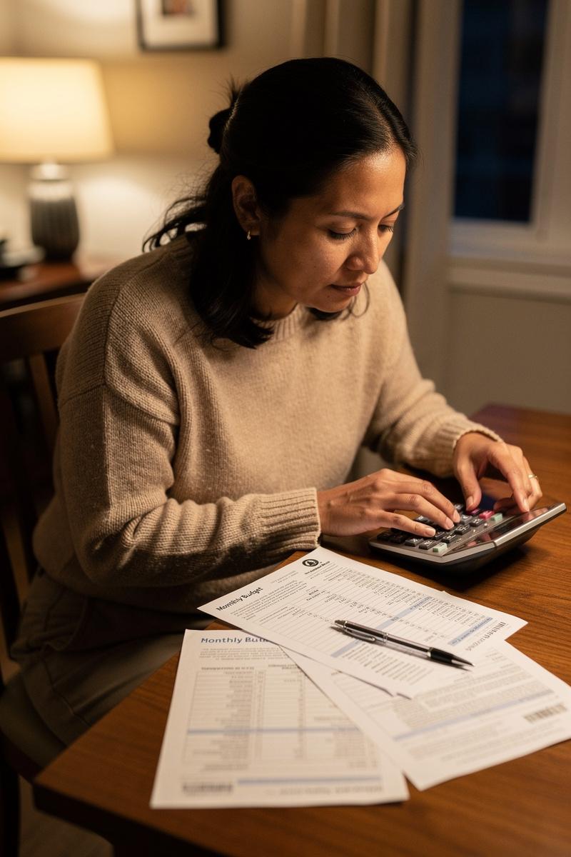 Weighing-the-Cost-of-What-Comes-Next Woman pauses over household financial papers beside a calculator at a dining table in warm lamplight.