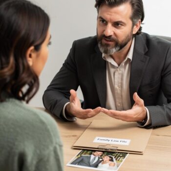 A woman listens to an attorney across a wood table, with a wedding photo partly tucked beneath a closed folder.
