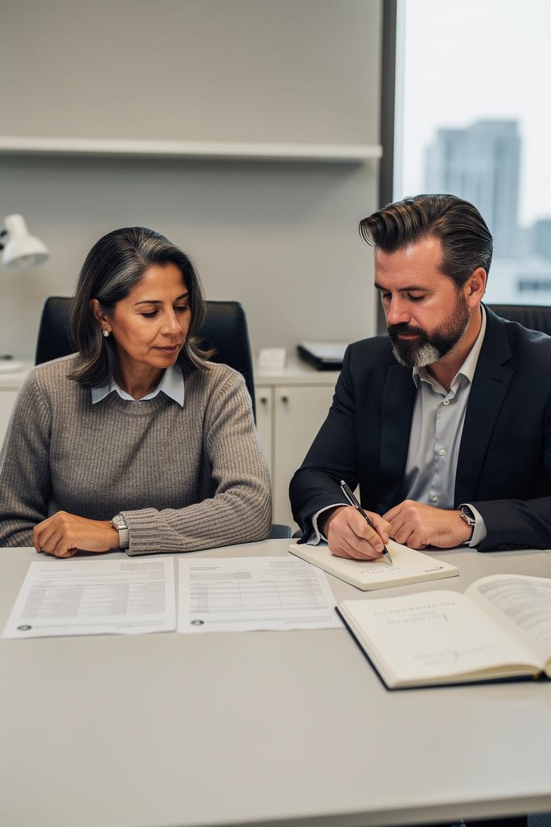 Where-Numbers-Meet-Family-Law Forensic accountant aligns financial records side by side as a family law attorney pauses to take notes at a desk.